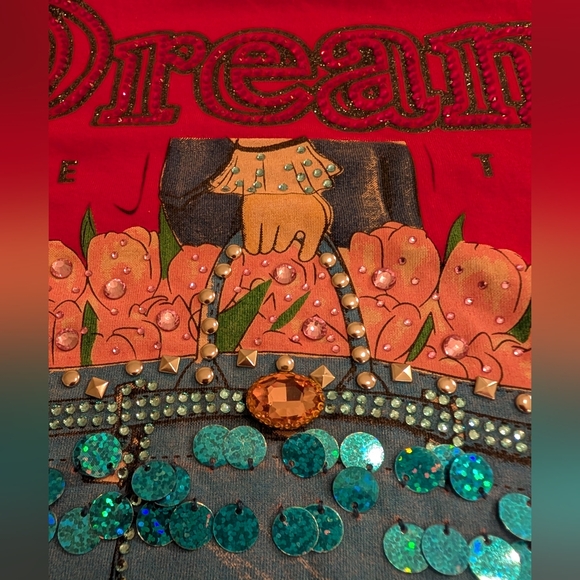 Rhinestone, sequin & beaded red T-shirt by Vinizbena - size L - Picture 7 of 10